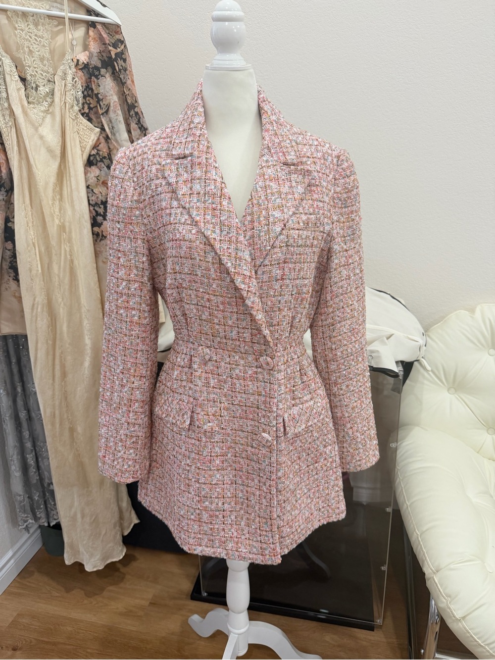 Self-Portrait Pink Multi-Tone Tweed Longline Blazer